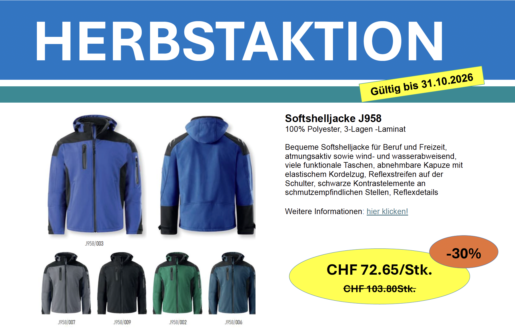 Herbstaktion: 30% auf Softshell- und Winterjacken – Nur bis 31. Oktober 2026